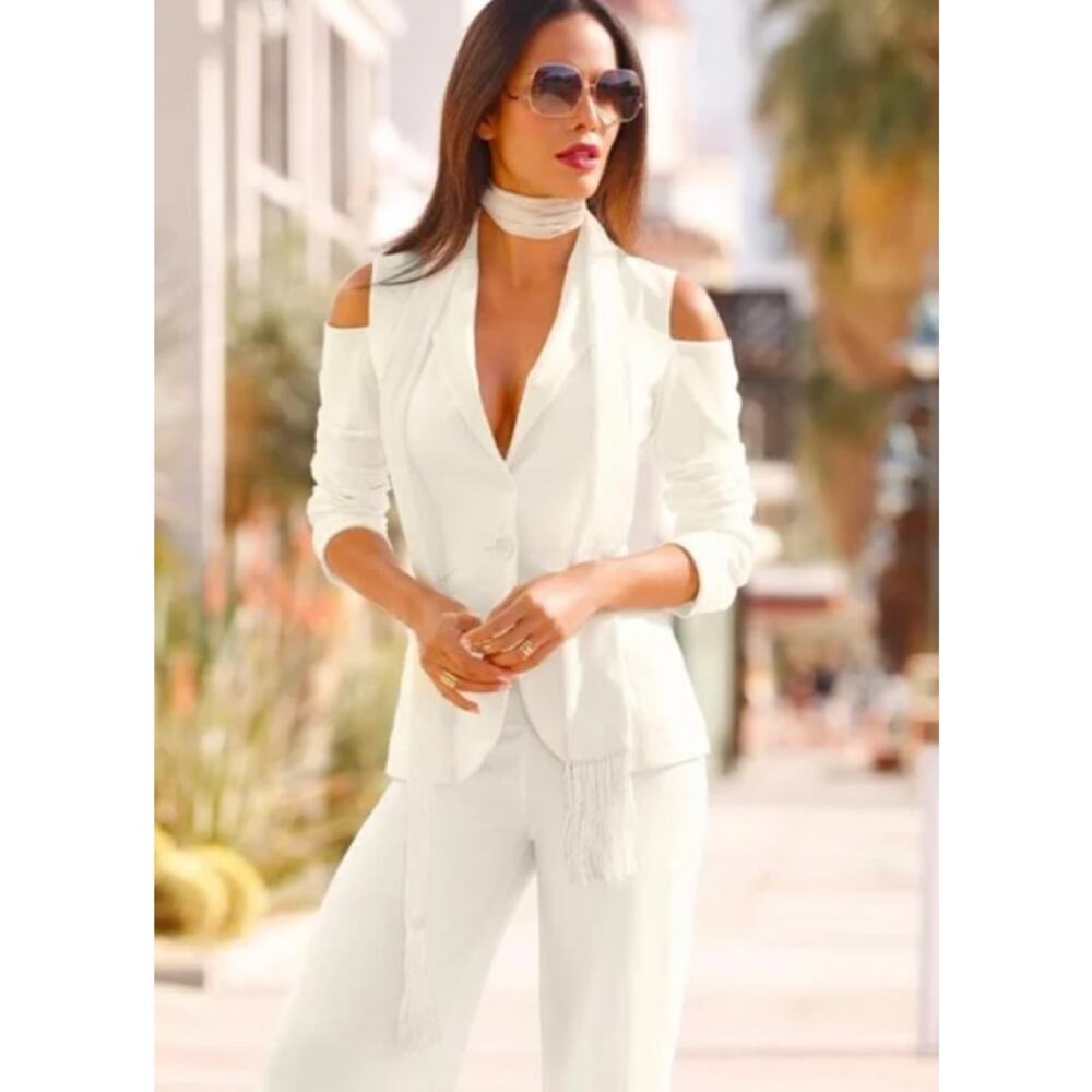 BOSTON PROPER Beyond Travel Collection olive green cold shoulder cutout blazer - Picture 2 of 11